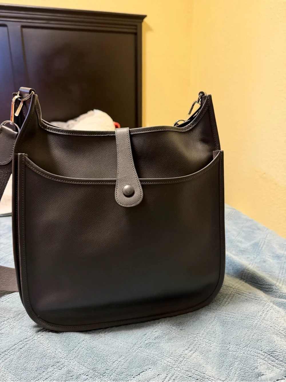 Hermes Gray Leather Messenger Bag with Charcoal Strap clean inside comes  bag